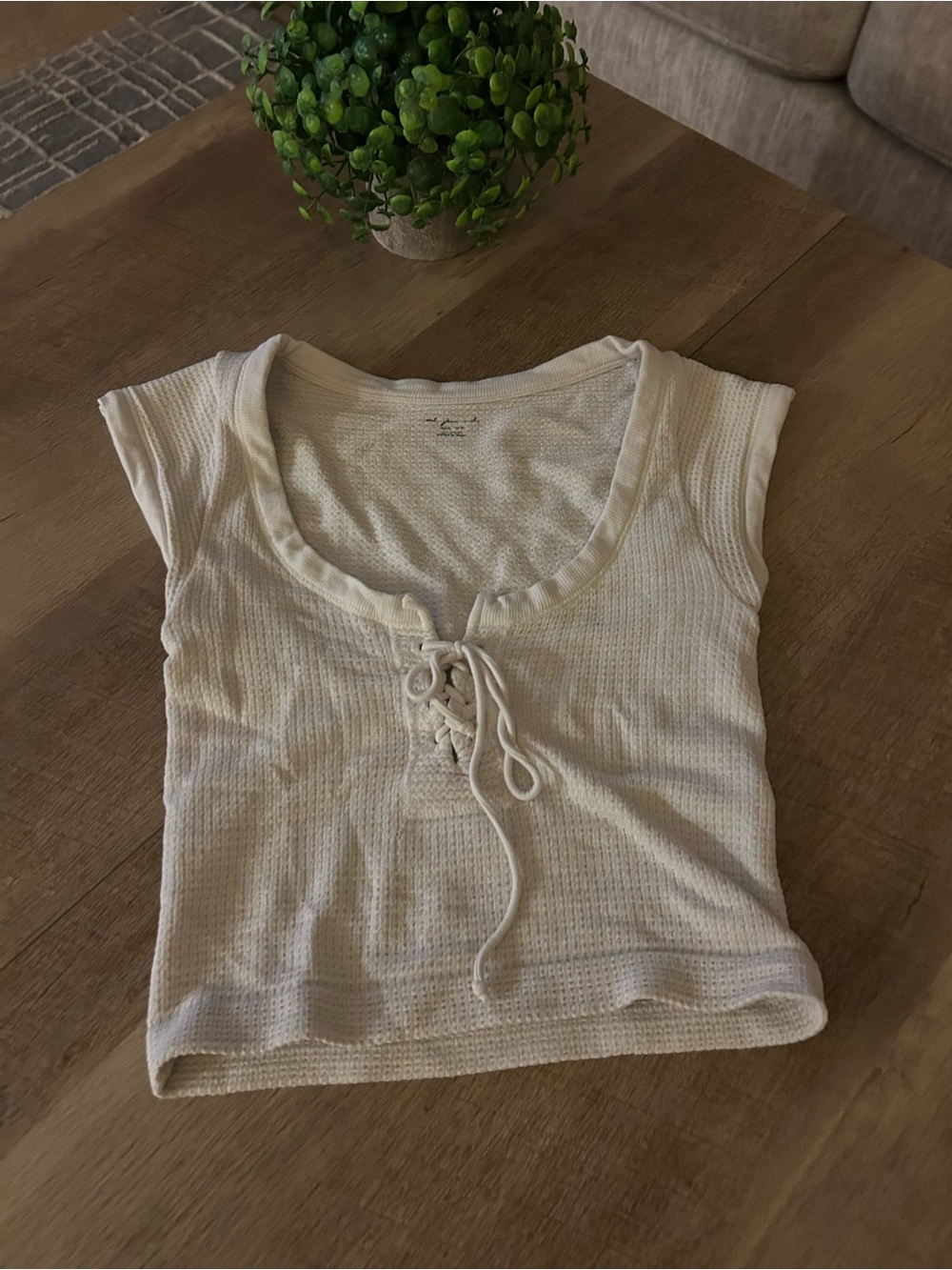Out From Under Cream Lace-Up Waffle Knit Crop Top